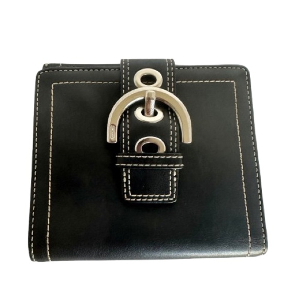 Coach Y2K Rare Womens Black Leather & Silver Buckle Bifold Snap Wallet Pristine